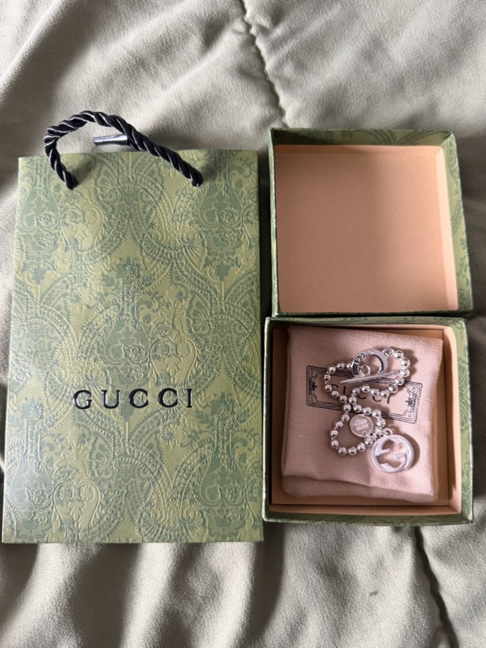 Gucci Silver Logo Charm Bead Bracelet